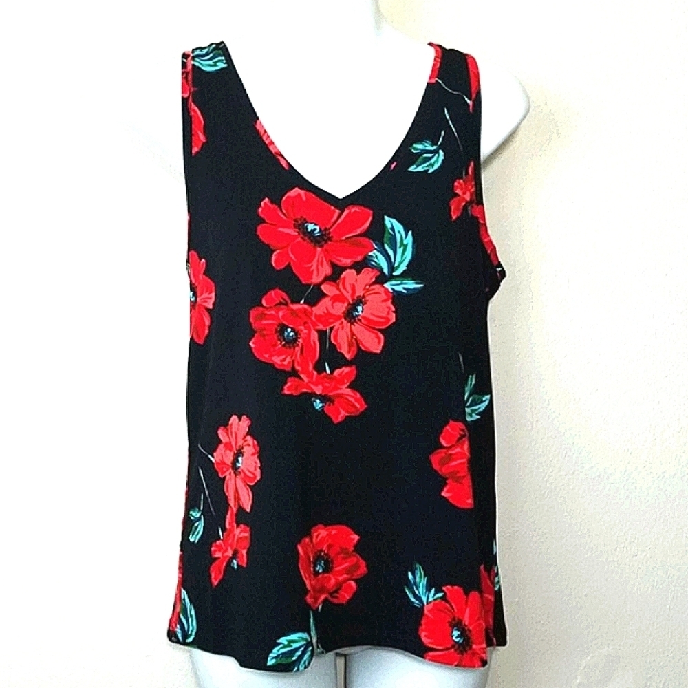 Express tank top black w Floral red blue Print flowy Sleeveless blouse EUC